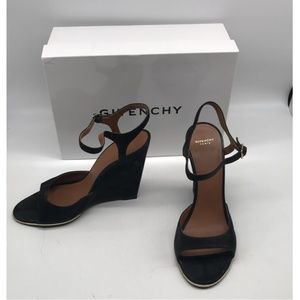 Givenchy black suede ankle strap wedge peep toe sandal sz 9.5